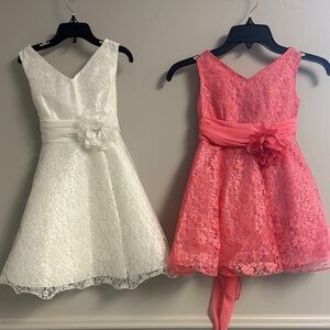 Classic Lace Flower Waistband Girls Dress - White and Coral
